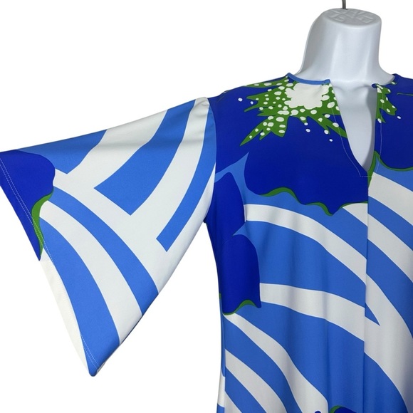 Jude Connally Ruby Dress Small Blue Floral V-Neck Flare Sleeve Midi USA Resort - Picture 5 of 11